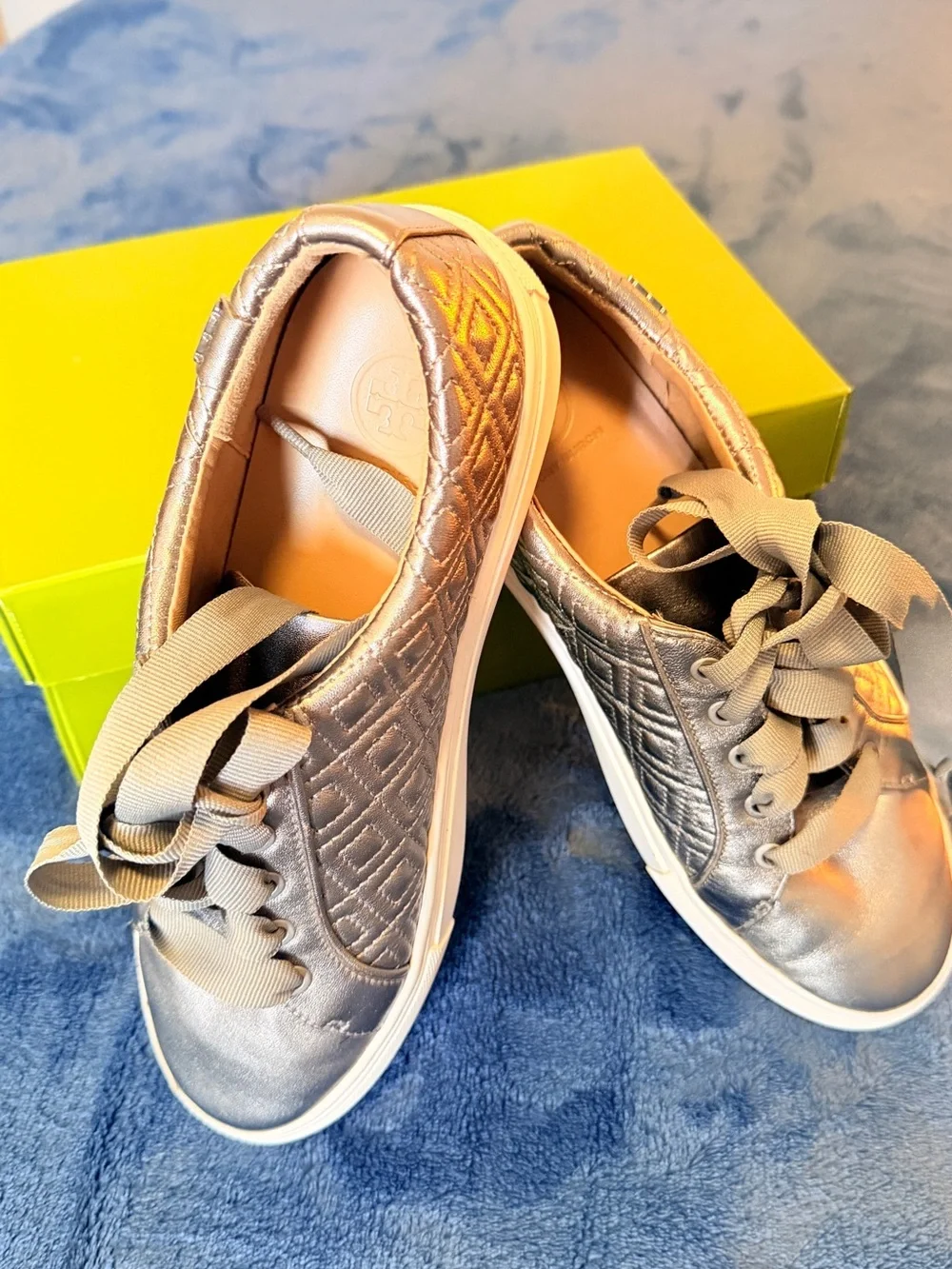 Tory Burch Metallic Silver Quilted Lace-Up Sneakers